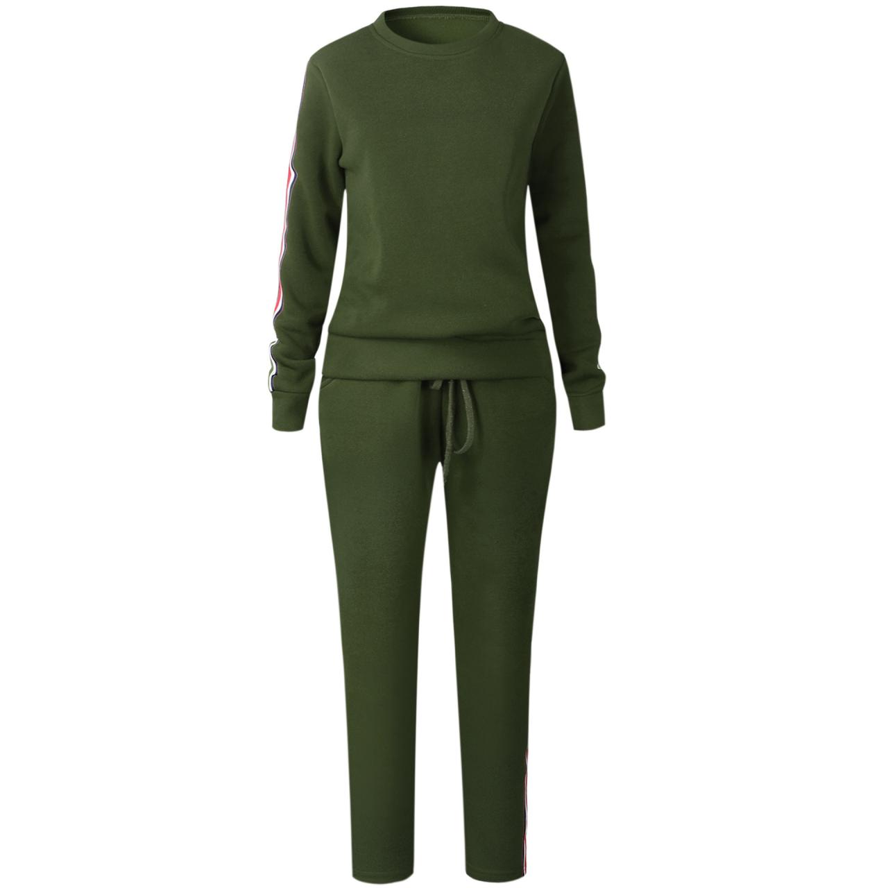 Women Tracksuit Casual Long Sleeve O-Neck Hoodies+Pants Striped Two Pieces Suit Sportwear army green