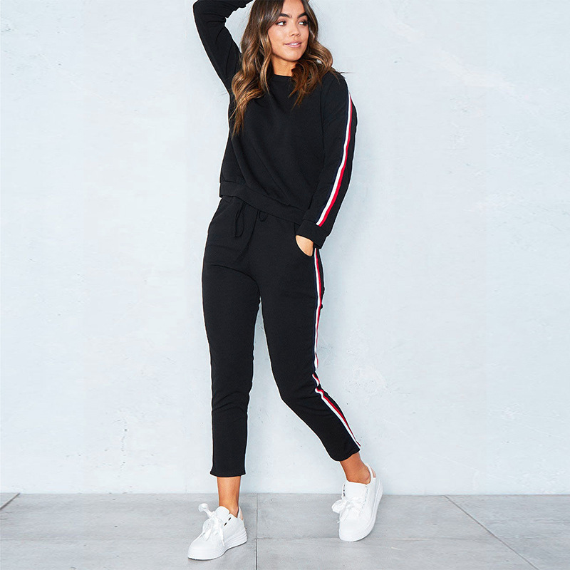 Women Tracksuit Casual Long Sleeve O-Neck Hoodies+Pants Striped Two Pieces Suit Sportwear black 