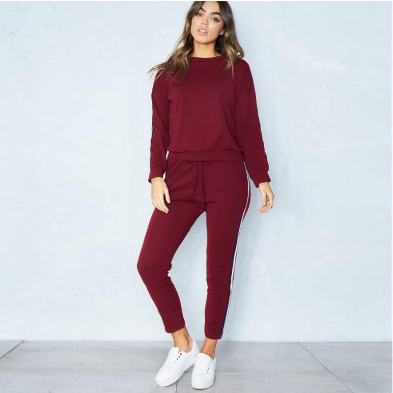 Women Tracksuit Casual Long Sleeve O-Neck Hoodies+Pants Striped Two Pieces Suit Sportwear burgundy