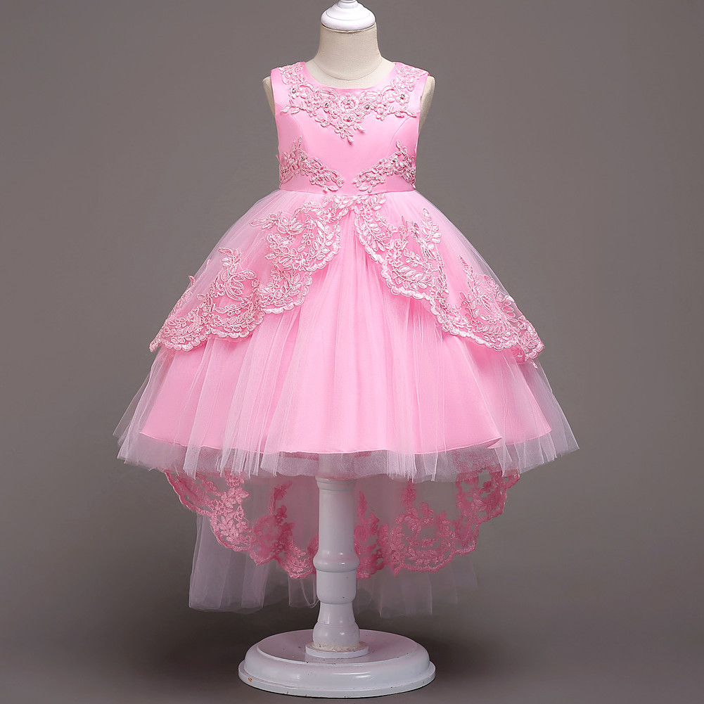 High Low Lace Flower Girls Dress Wedding Teens Prom Party Perform Gowns Kids Children Clothes Pink