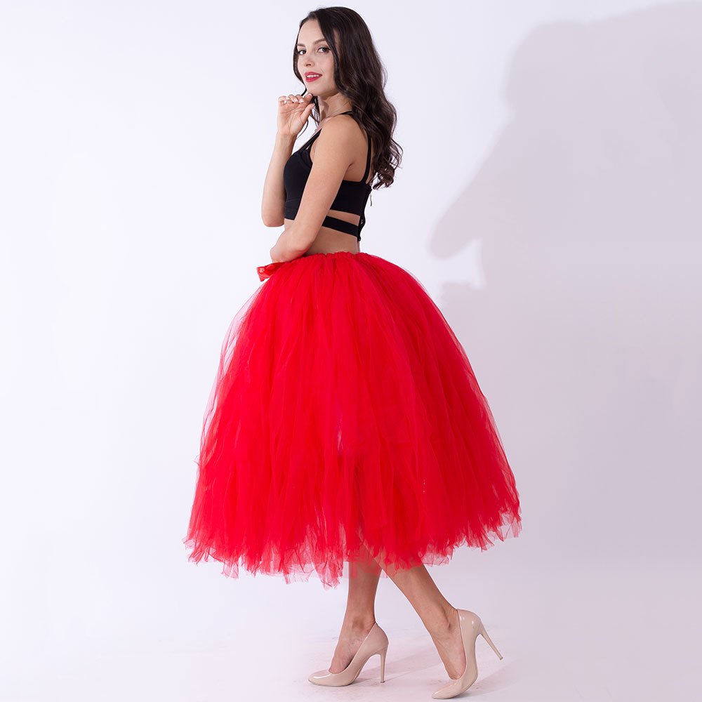 Women Puffy Tutu Skirts Long Tea Length Tulle Skirt Wedding Bridesmaid Lolita Under skirt red
