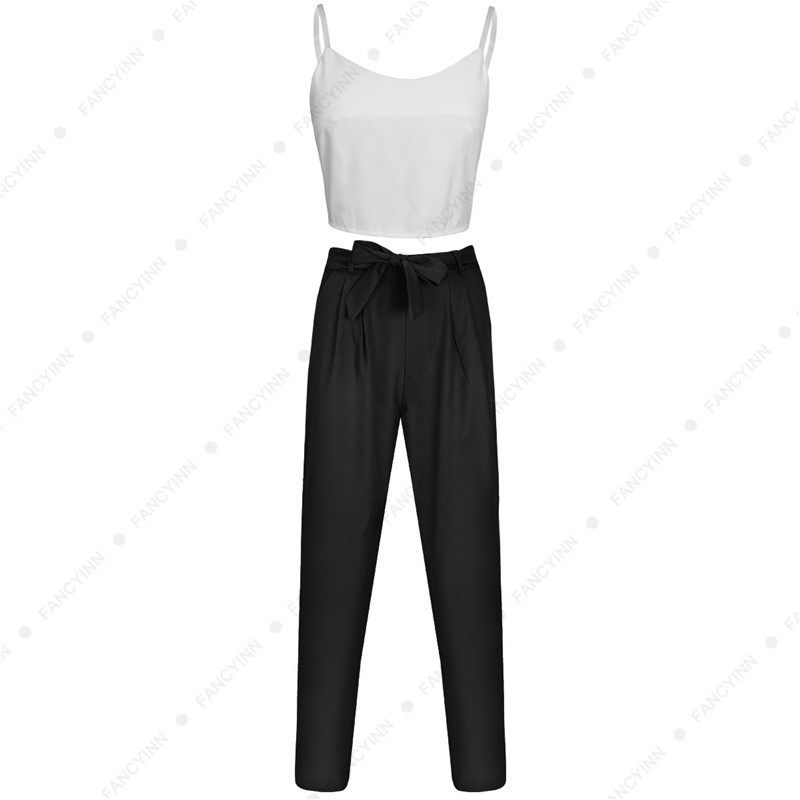 Women Suit Spaghetti Straps Crop Top+Long Pants Two Piece Set Office Party Clothing black