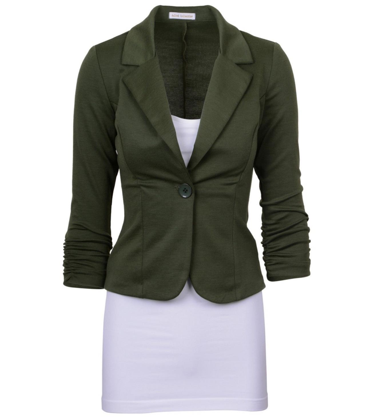 Fashion Spring Women Slim Blazer Coat Long Sleeve One Button Casual Suit Jacket Ladies Work Wear army green