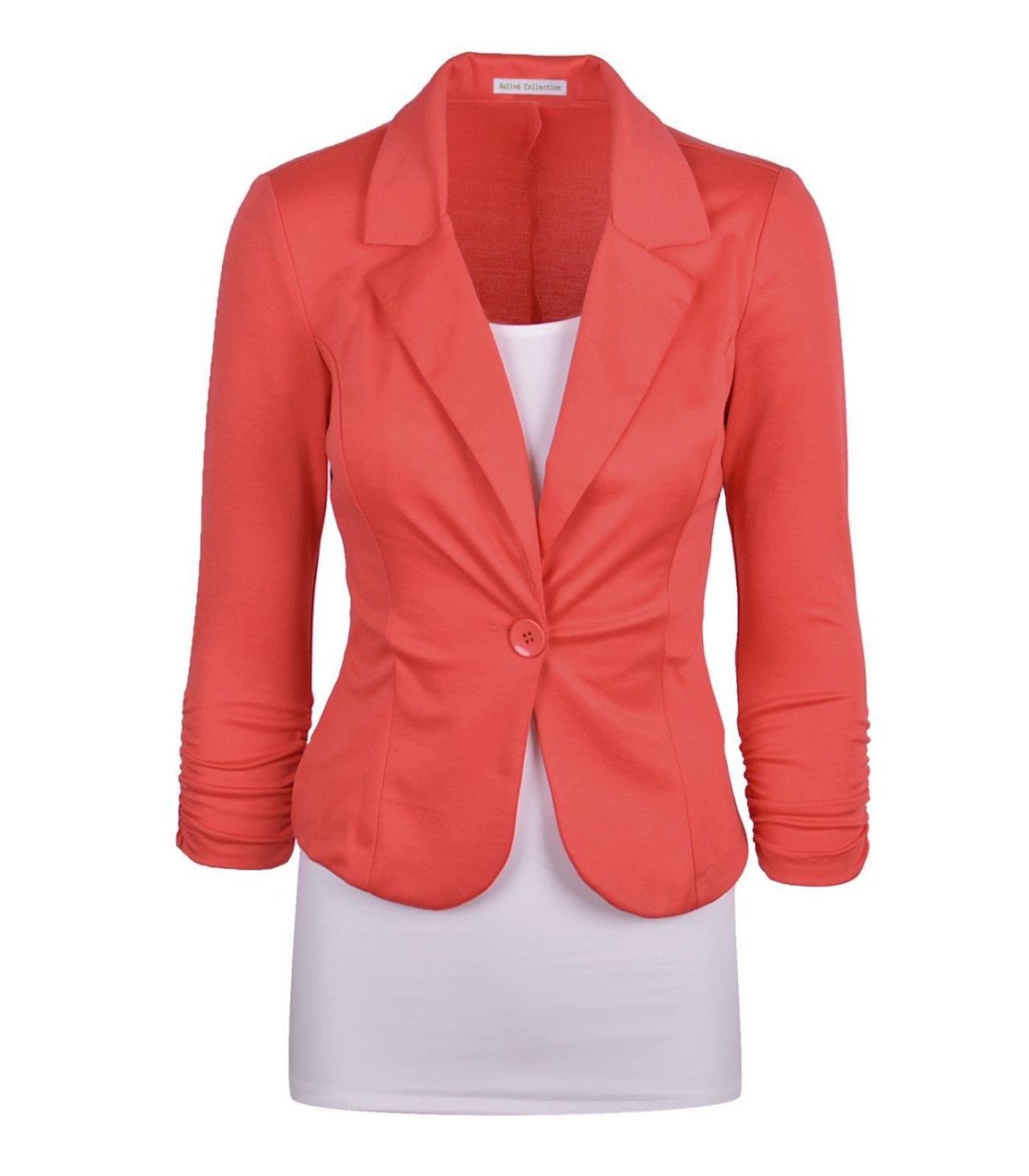 Fashion Spring Women Slim Blazer Coat Long Sleeve One Button Casual Suit Jacket Ladies Work Wear watermelon red
