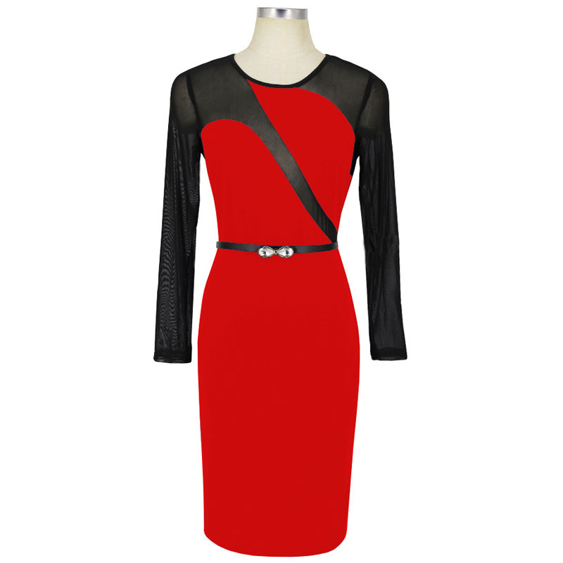 Sexy Mesh Patchwork Pencil Dress O Neck Long Sleeve Belted Bodycon Party Dress red