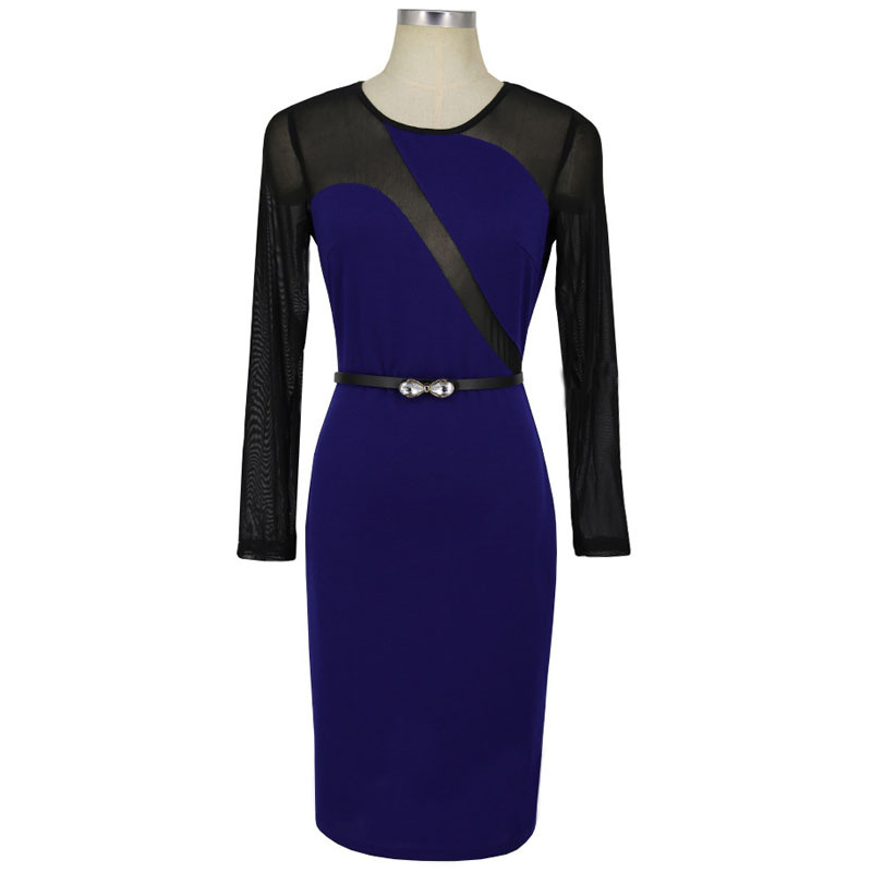 Sexy Mesh Patchwork Pencil Dress O Neck Long Sleeve Belted Bodycon Party Dress royal blue