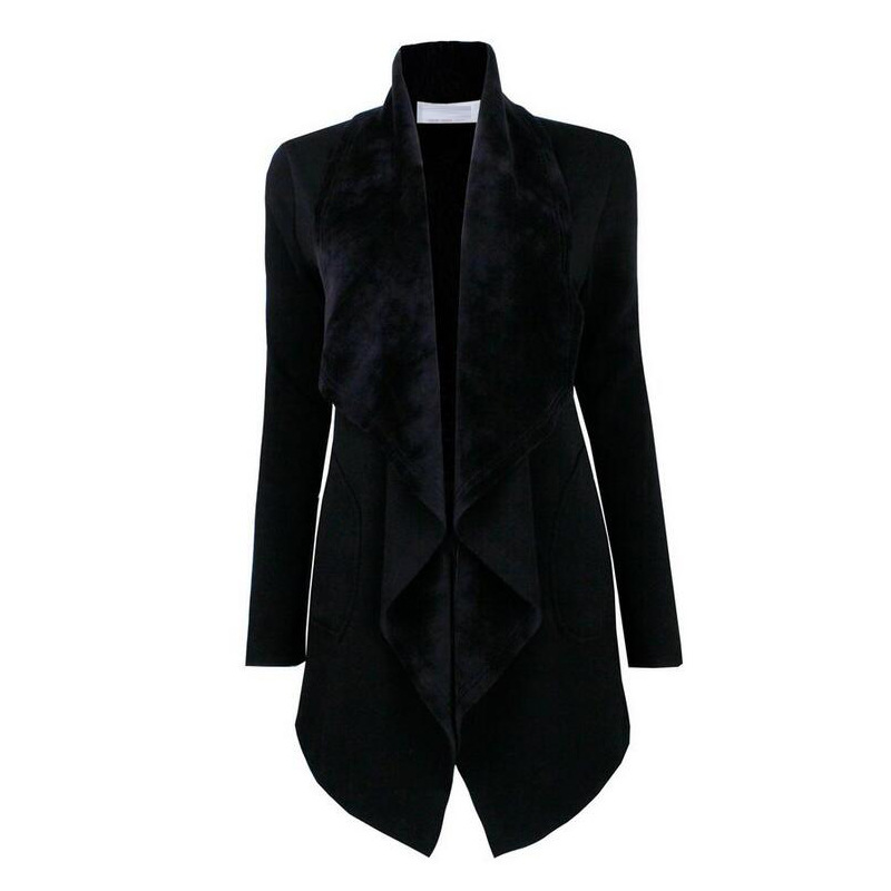 Spring Autumn Turn-down Collar Coat Women Long Sleeve Cardigan Solid Asymmetrical Jacket Outwear black