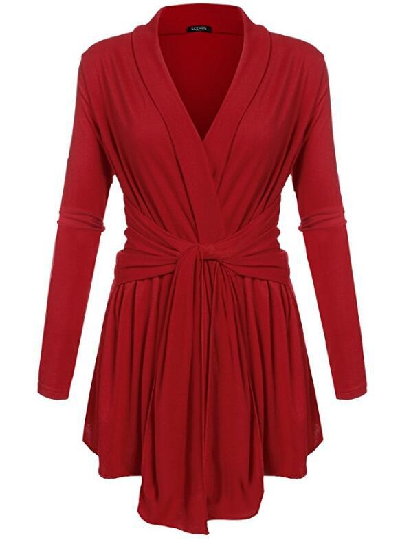 Women V-Neck Tunic Soft Tops Asymmetrical Hem Long Sleeve Casual Shirt Solid Female Blouse red