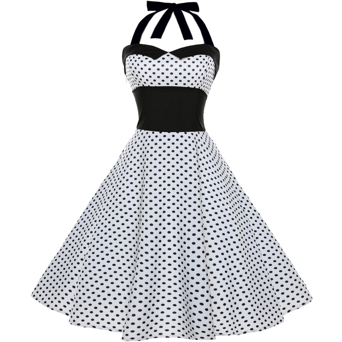 Vintage Polka Dot/Floral Dress Halter Backless Big Swing Women Casual Party Dress 1#