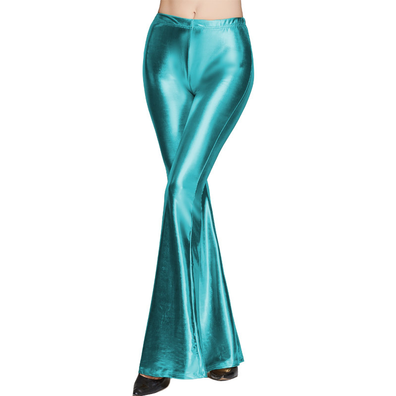 Fashion Women Sequined Flare Pants High Waist Glitter Color Sexy Slim Streetwear Long Trousers turquoise