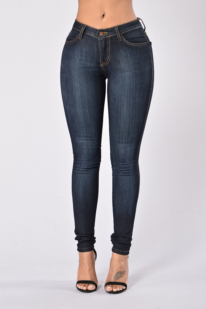 Women High Waist Denim Jeans Vintage Slim High Quality Casual Skinny Pencil Pants dark blue
