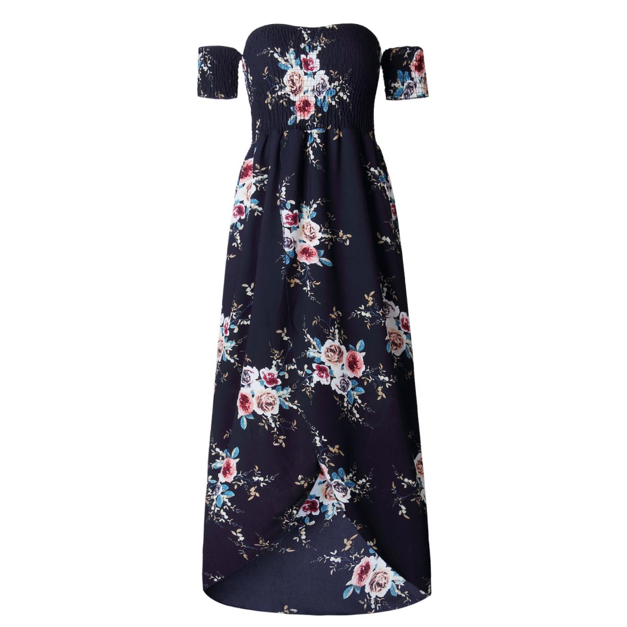 Navy Blue Off-the-Shoulder Smocked Floral Print High-Low Maxi Summer ...