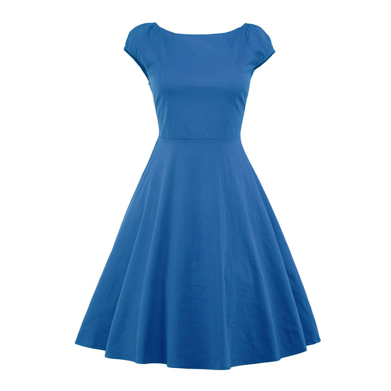  Vintage Hepburn Dress Cap Sleeve Women Summer Cotton Rockabilly Casual Holiday Party Dress blue