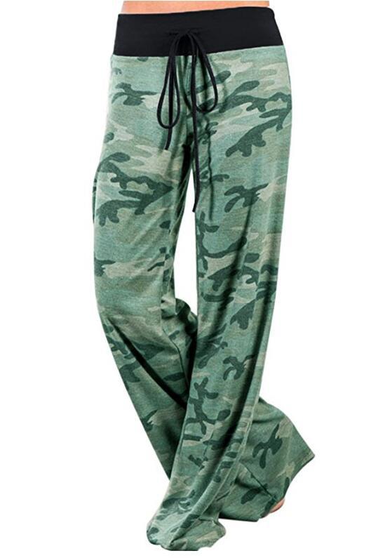Women Long Wide-Leg Pants Drawstring Mid Waist Polka Dot/Camouflage Casual Straight Palazzo Trousers green camouflage