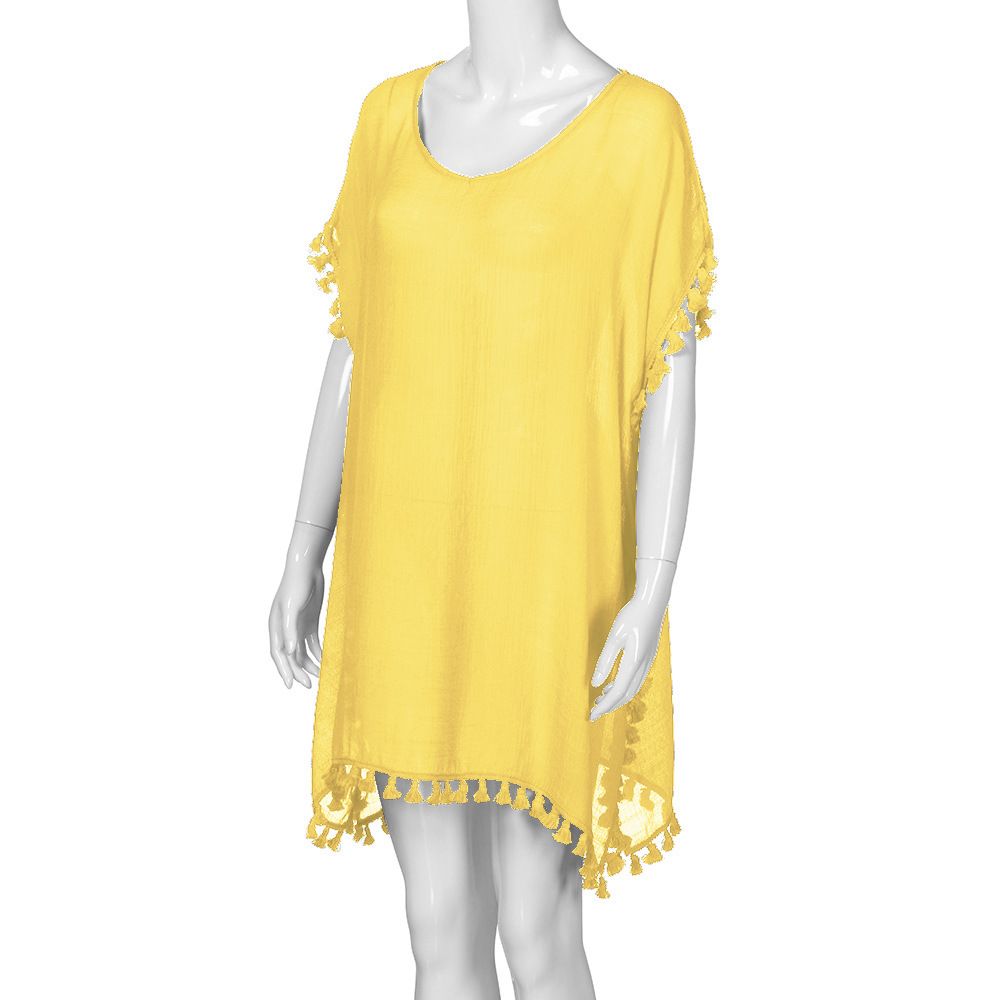 Women Tassels Bikini Cover Up Irregular See-Through Tunic Swimwear Summer Beach Dress yellow