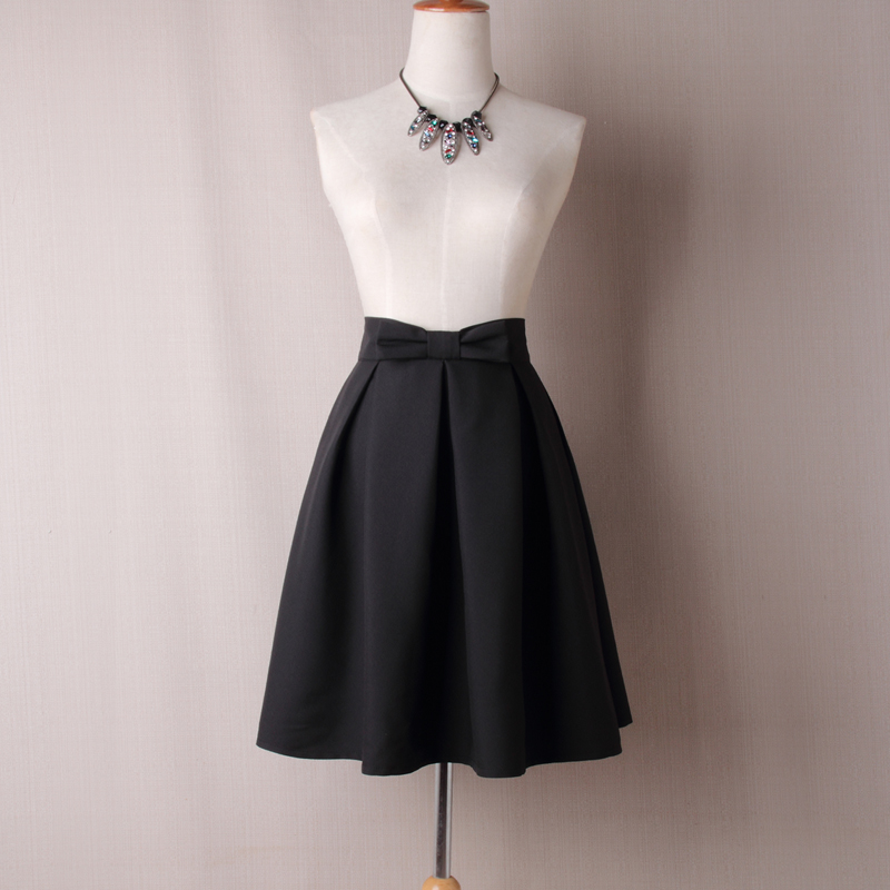 Black Bow Accent High Rise Knee Length Ruffled Skater Skirt 