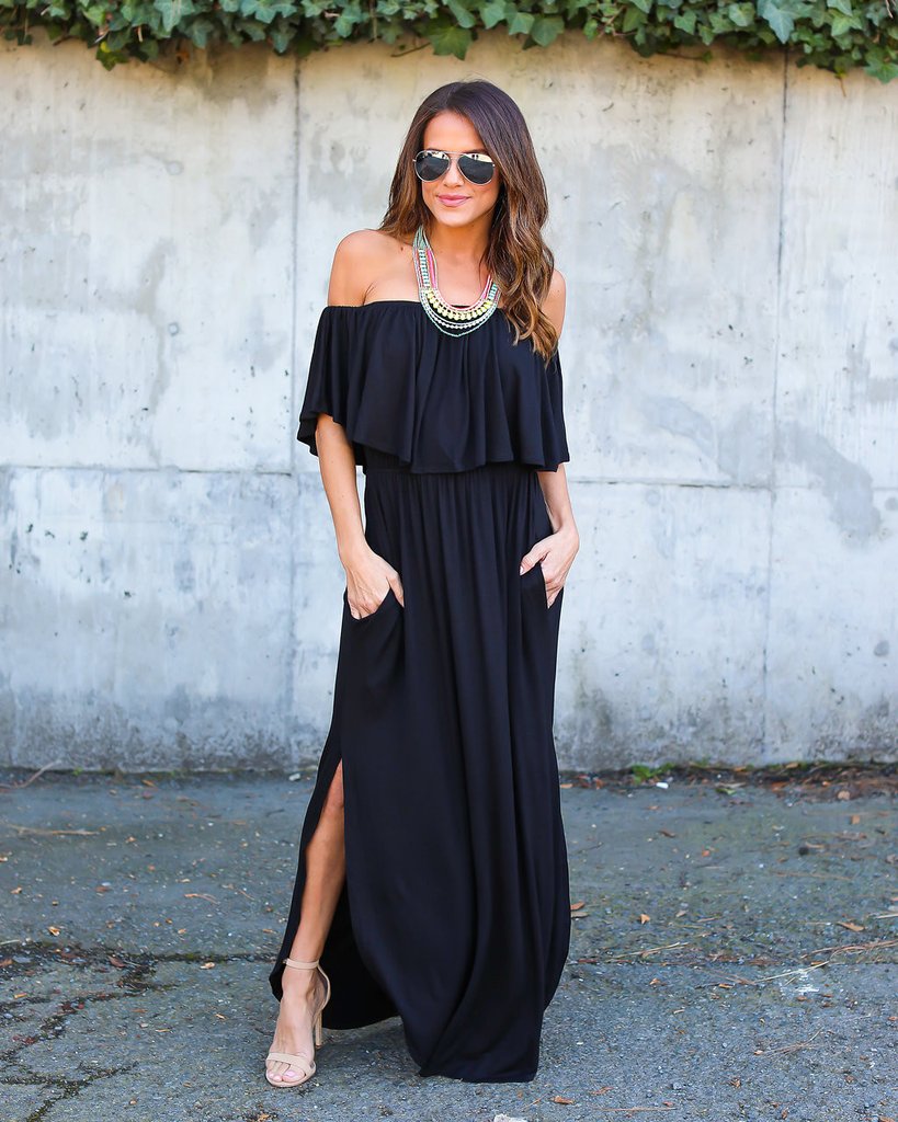Black Off-the-shoulder Ruffle Casual Summer Maxi Dress With Side Pockets And Side Slits