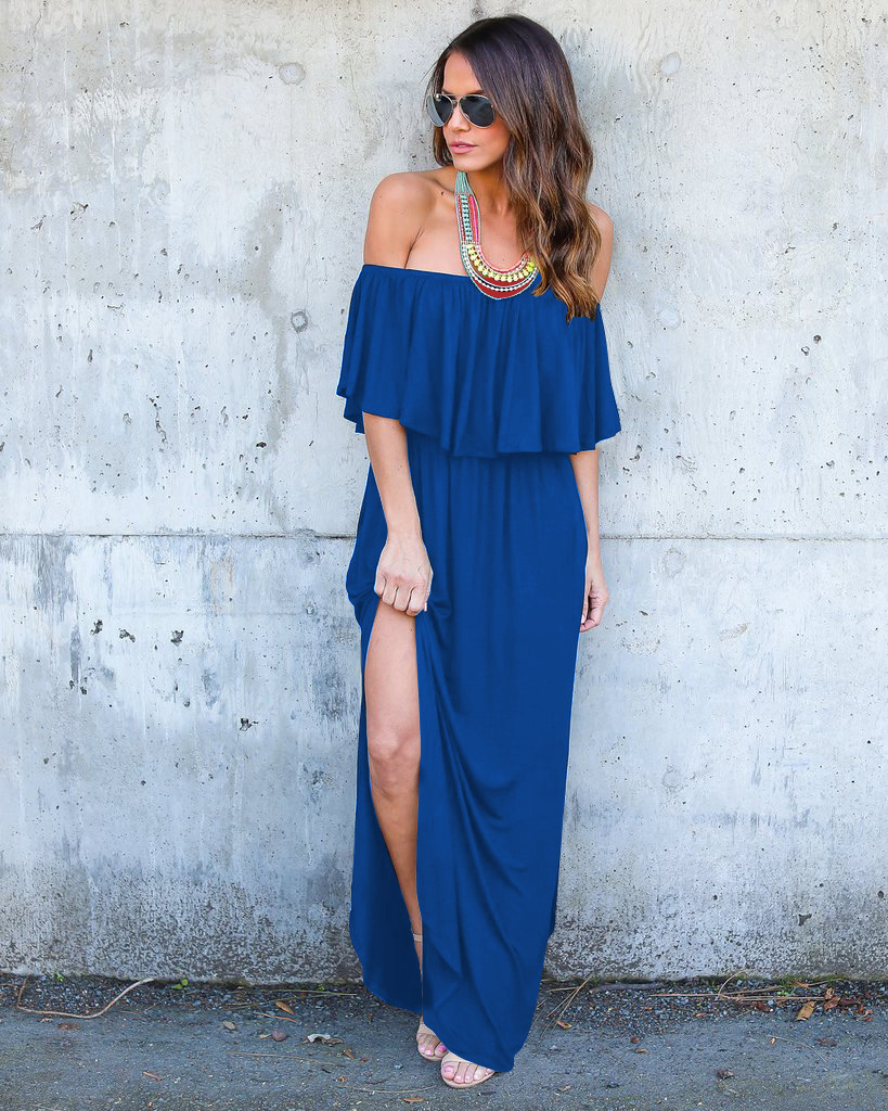 Royal Blue Off-The-Shoulder Ruffle Casual Summer Maxi Dress with Side Pockets and Side Slits