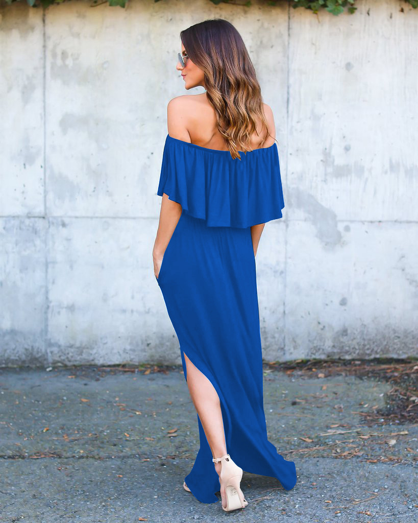 Royal Blue Off-The-Shoulder Ruffle Casual Summer Maxi Dress With Side ...