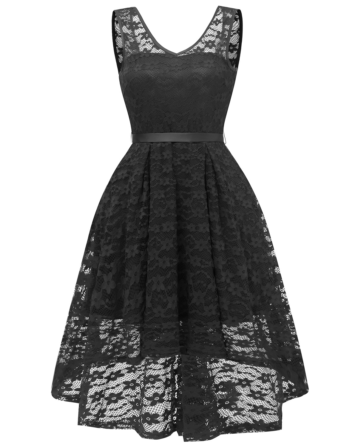 Vintage High Low Floral Lace Dress V Neck Backless Belted Women A Line