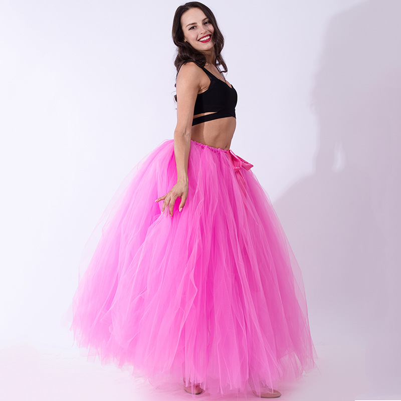 Puffty Women Tulle Tutu Skirt High Waist Lace Up Jupe Female Prom Party Bridesmaid Skirts Deep Pink