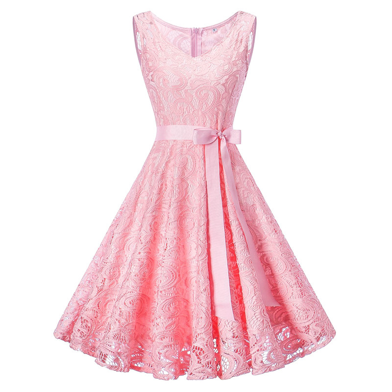 Vintage Floral Lace Dress Women V Neck Sleeveless Cocktail Evening Party Swing Dress pink