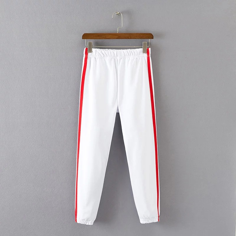 black joggers with red and white stripe
