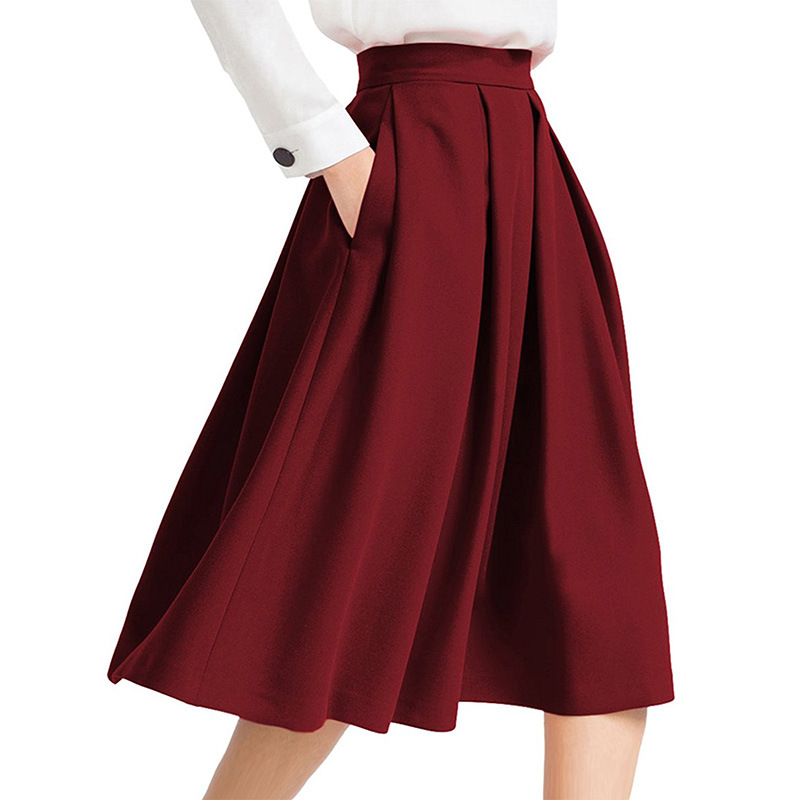 Women Midi Pleated Skirt High Waist Knee Length Pockets Girls A Line