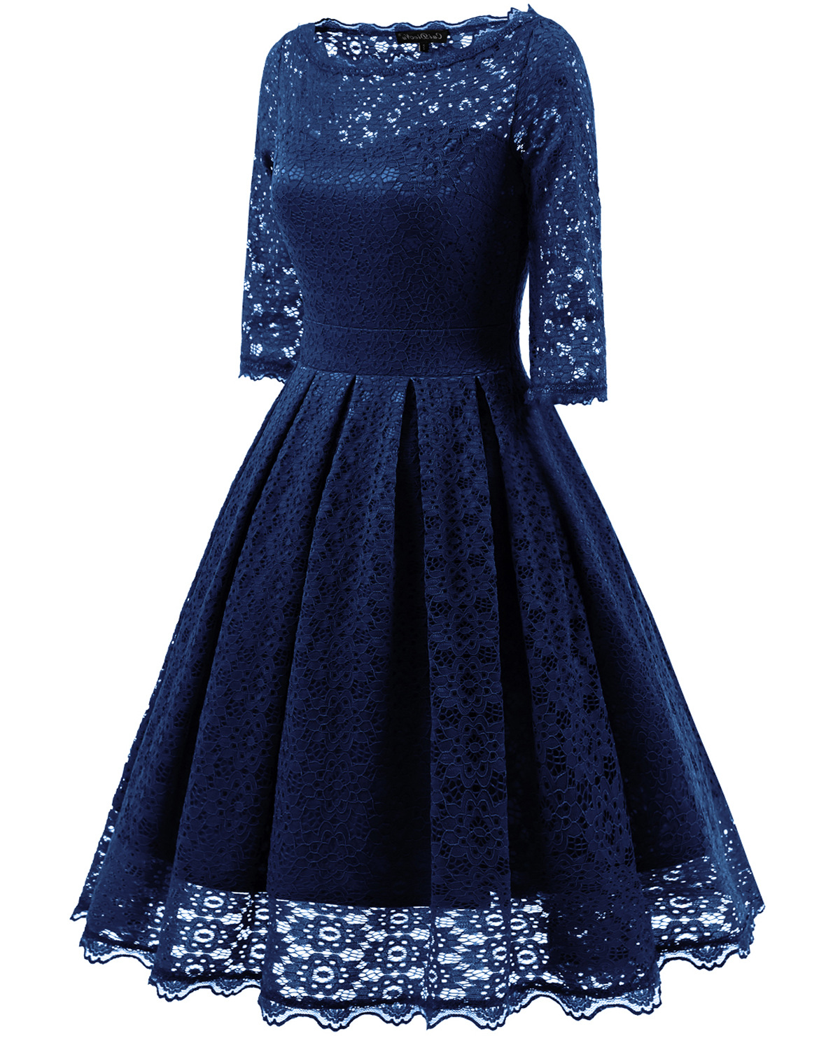 Women Floral Lace Dress Vintage 50s 60s 3/4 Sleeve Rockabilly Cocktail  Evening Party Swing Dress Navy Blue