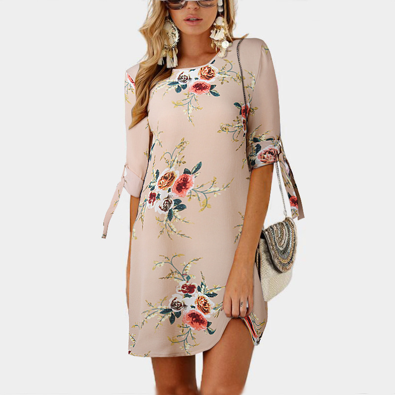 Women Short Casual T Shirt Dress Summer Boho Floral Printed Short Sleeve Loose Mini Beach Party Dress YS80881-khaki