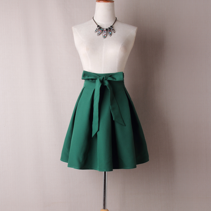 Forest Green Bow Accent High Rise Ruffled Short Skater Skirt 