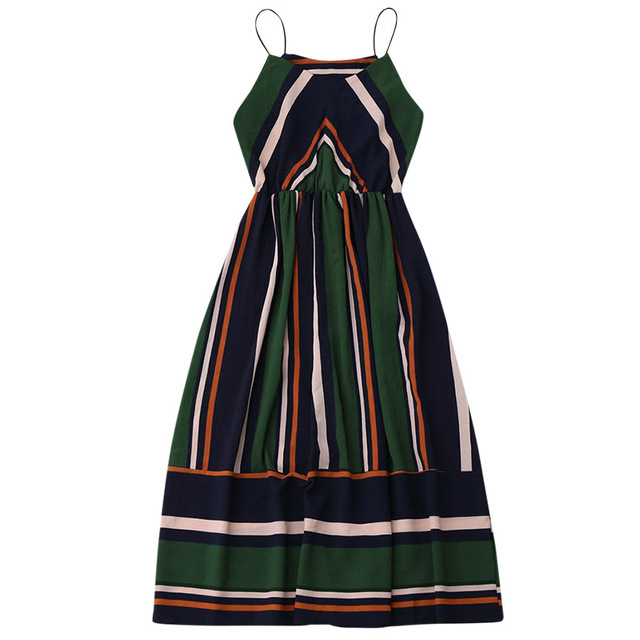 Women Casual Striped Dress Sexy Sleeveless Spaghetti Strap Midi A Line Beach Summer Party Sundress Green