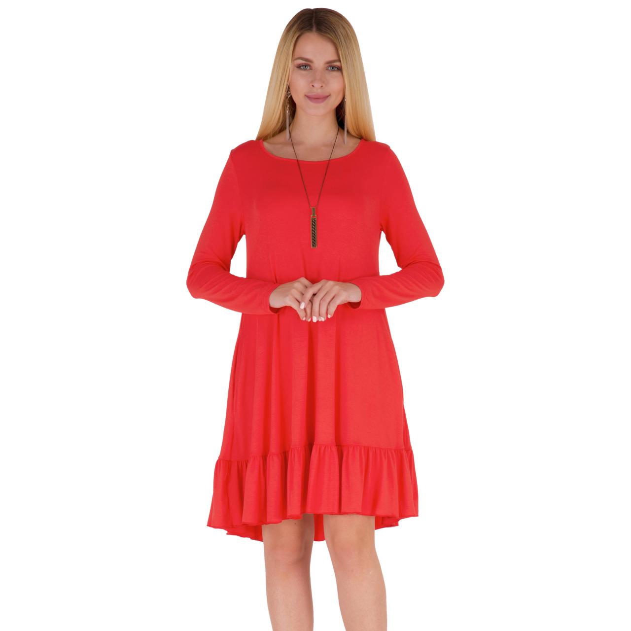 Women Ruffles Casual Dress Autumn Long Sleeve A Line Loose Pocket Female Short Mini Party Dress red
