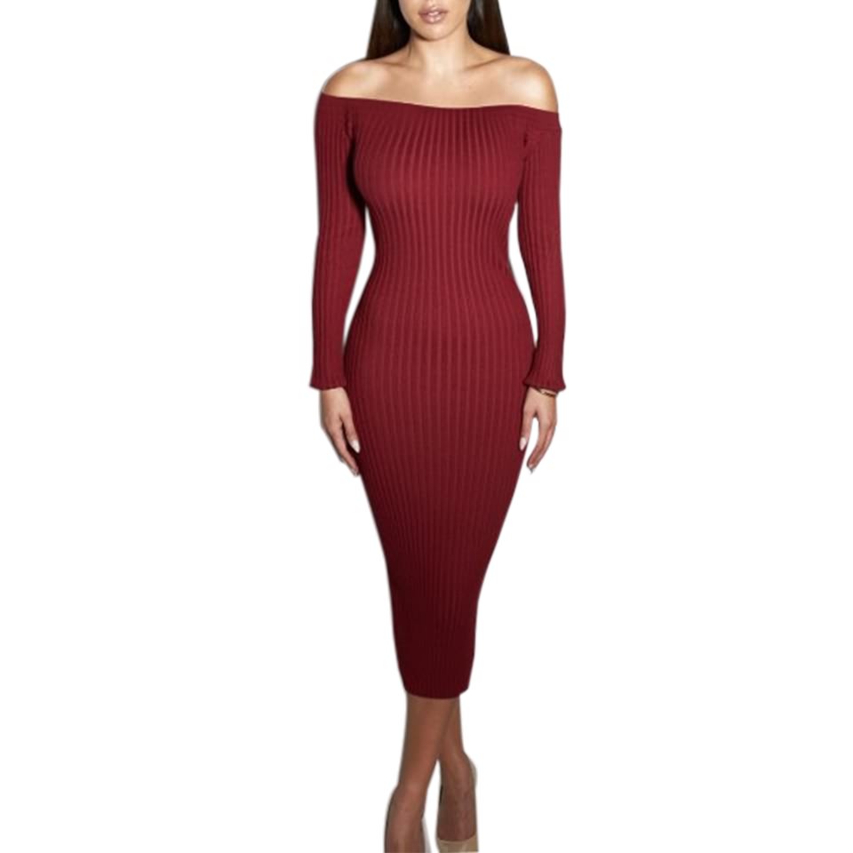 Fashion Long Sleeve Off Shoulder Women Dress Slash Neck Slim Bodycon Knitted Sweater Party Night Sexy Club Dress Red