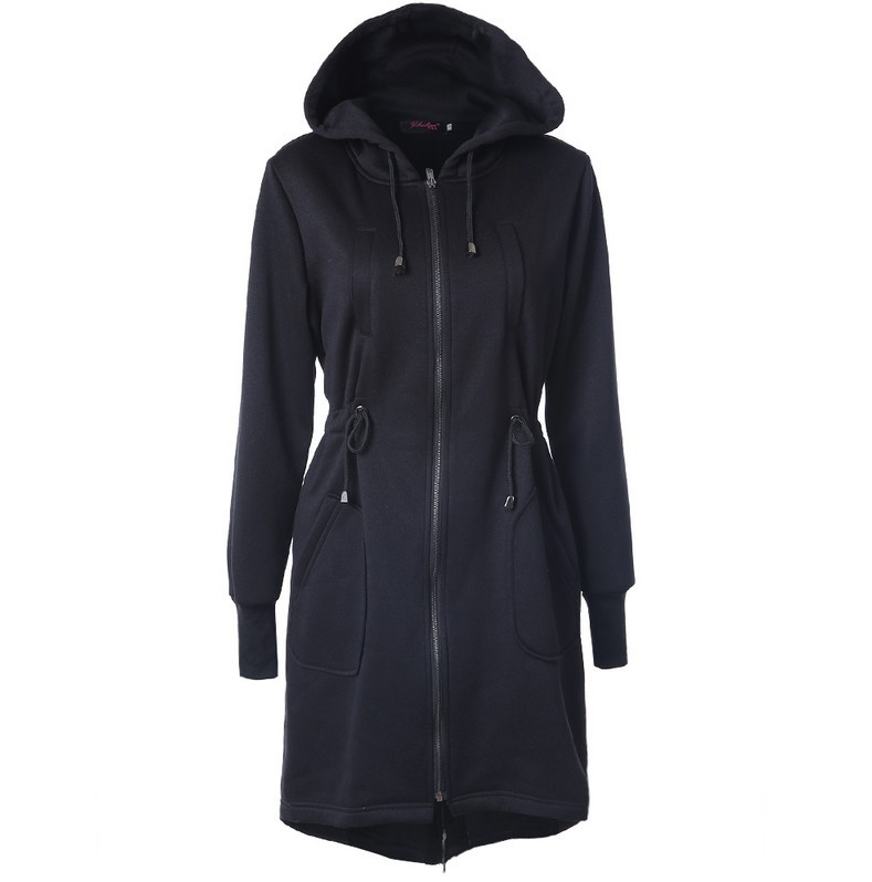Women Hoodies Overcoat Autumn Winter Warm Fleece Coat Zip Up Outerwear Hooded Long Sweatshirt Jacket black