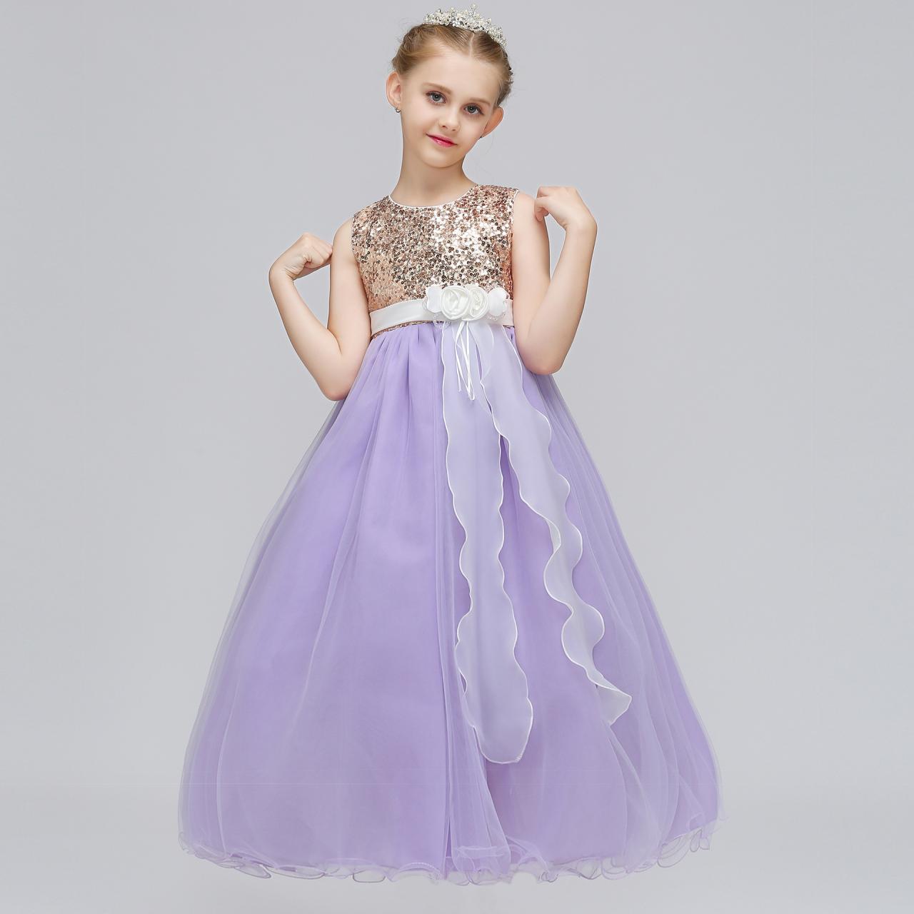 Sequined Long Flower Girl Dress Kids Teens Birthday Party Gowns Children Clothes lilac