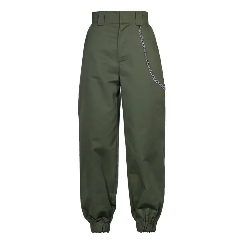  Women Harem Pants Streetwear High Waist Casual Dance Sweatpants Chain Zipper Cargo Trousers army green