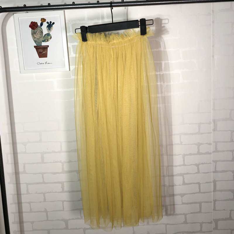 Summer Style Sheer Tulle Skirts A Line Tea Length High Waist Sexy Women See Through Skirt Yellow