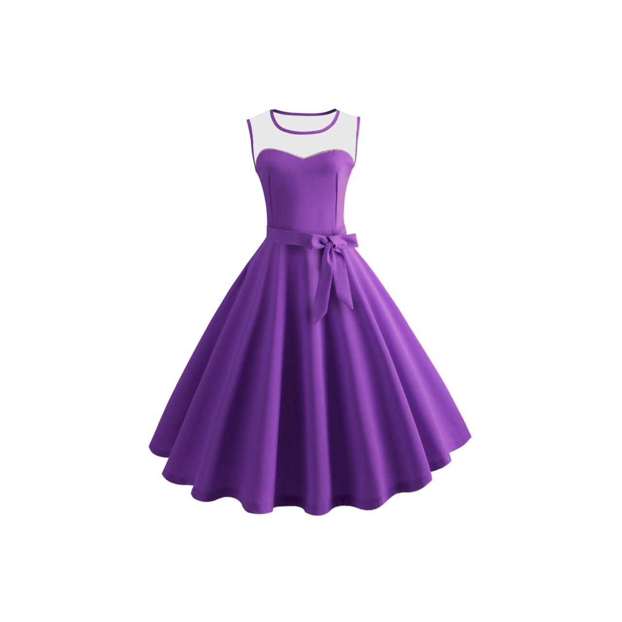 Women Sleeveless Casual Dress Mesh Patchwork O-Neck Belted A-Line Work Party Dress purple