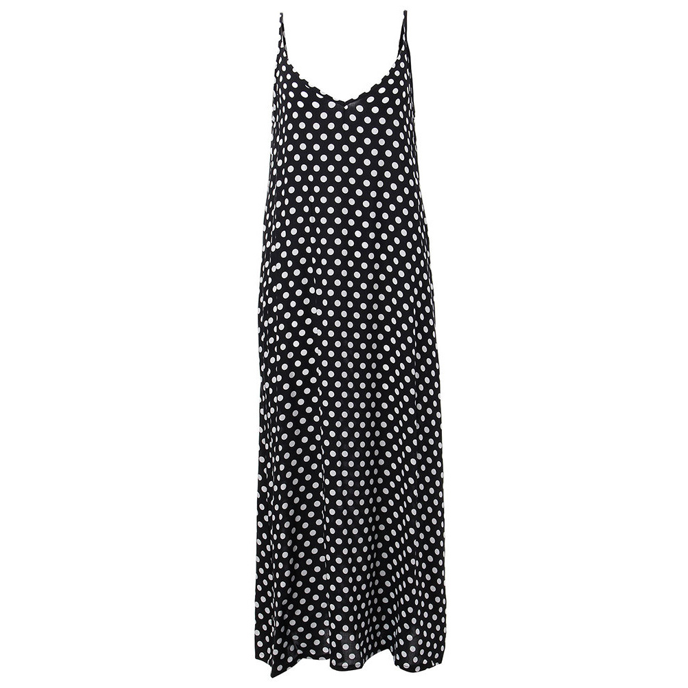 Women Summer Beach Maxi Dress Plus Size Spaghetti Strap Sleeveless Polka Dot Loose Long Sundress Black