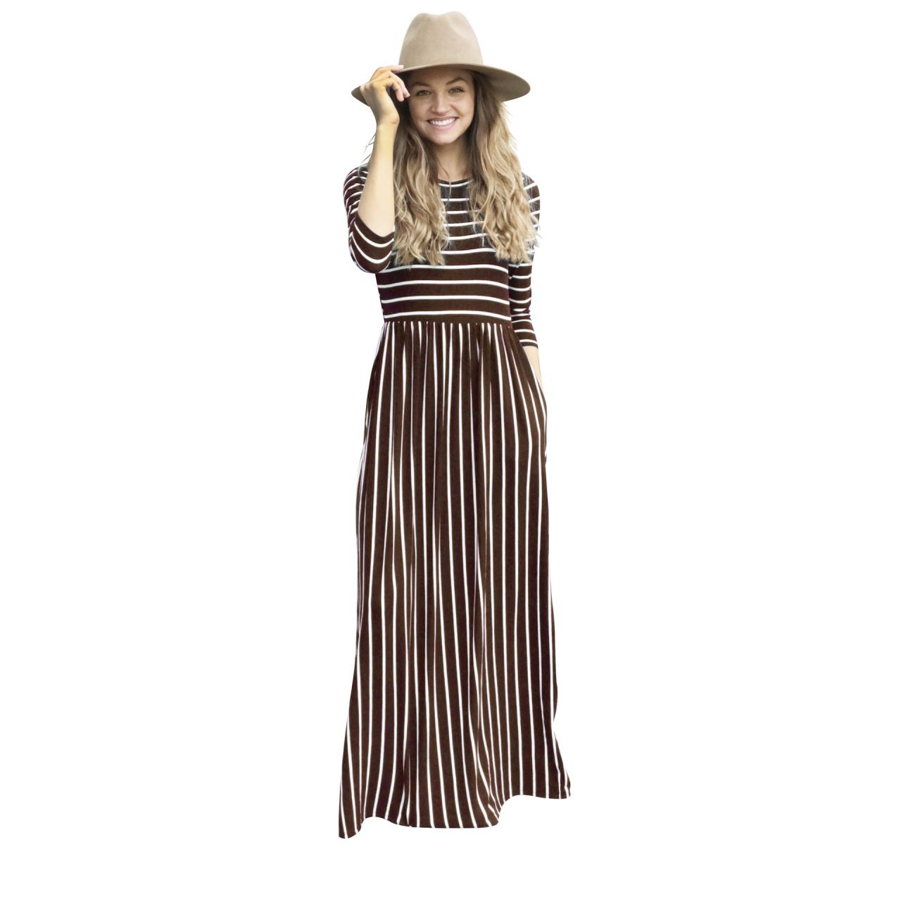 Women Summer Beach Boho Maxi Dress 3/4 Sleeve Pocket Striped Print Holiday Long Dress coffee