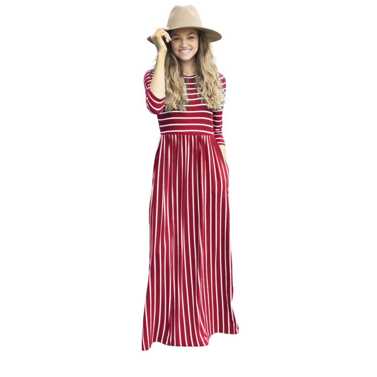 Women Summer Beach Boho Maxi Dress 3/4 Sleeve Pocket Striped Print Holiday Long Dress crimson