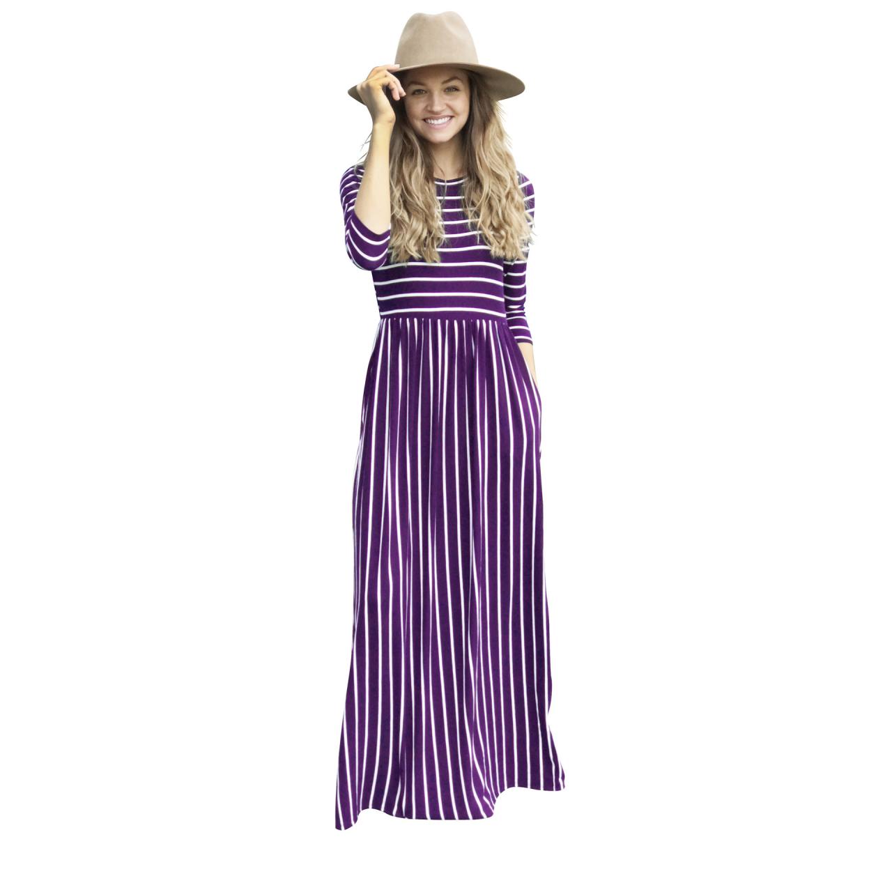 Women Summer Beach Boho Maxi Dress 3/4 Sleeve Pocket Striped Print Holiday Long Dress purple