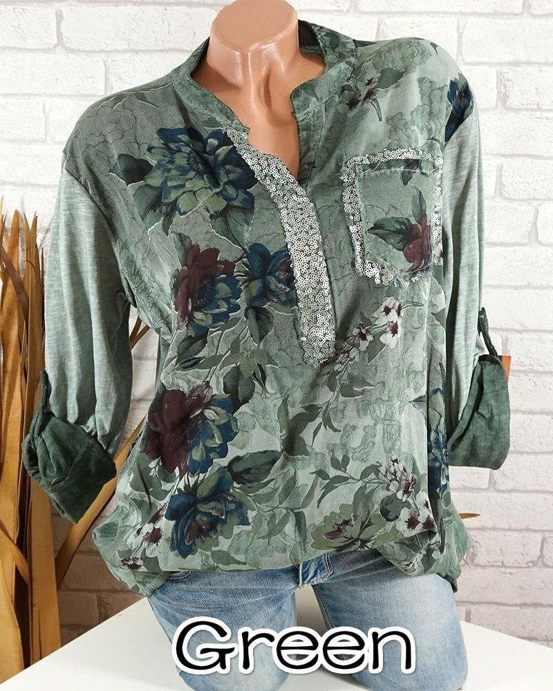 Women's Green Floral Blouse Long Sleeved Button Down 