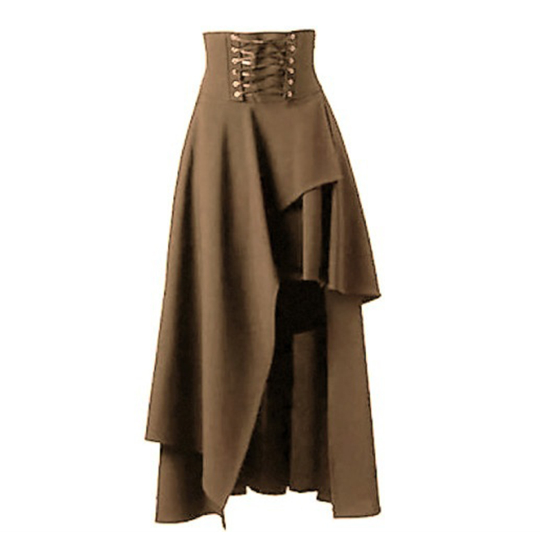 Gothic Steampunk Skirt Lolita Lace-Up High Waist Asymmetric Hem Bandage Long Maxi Skirts khaki