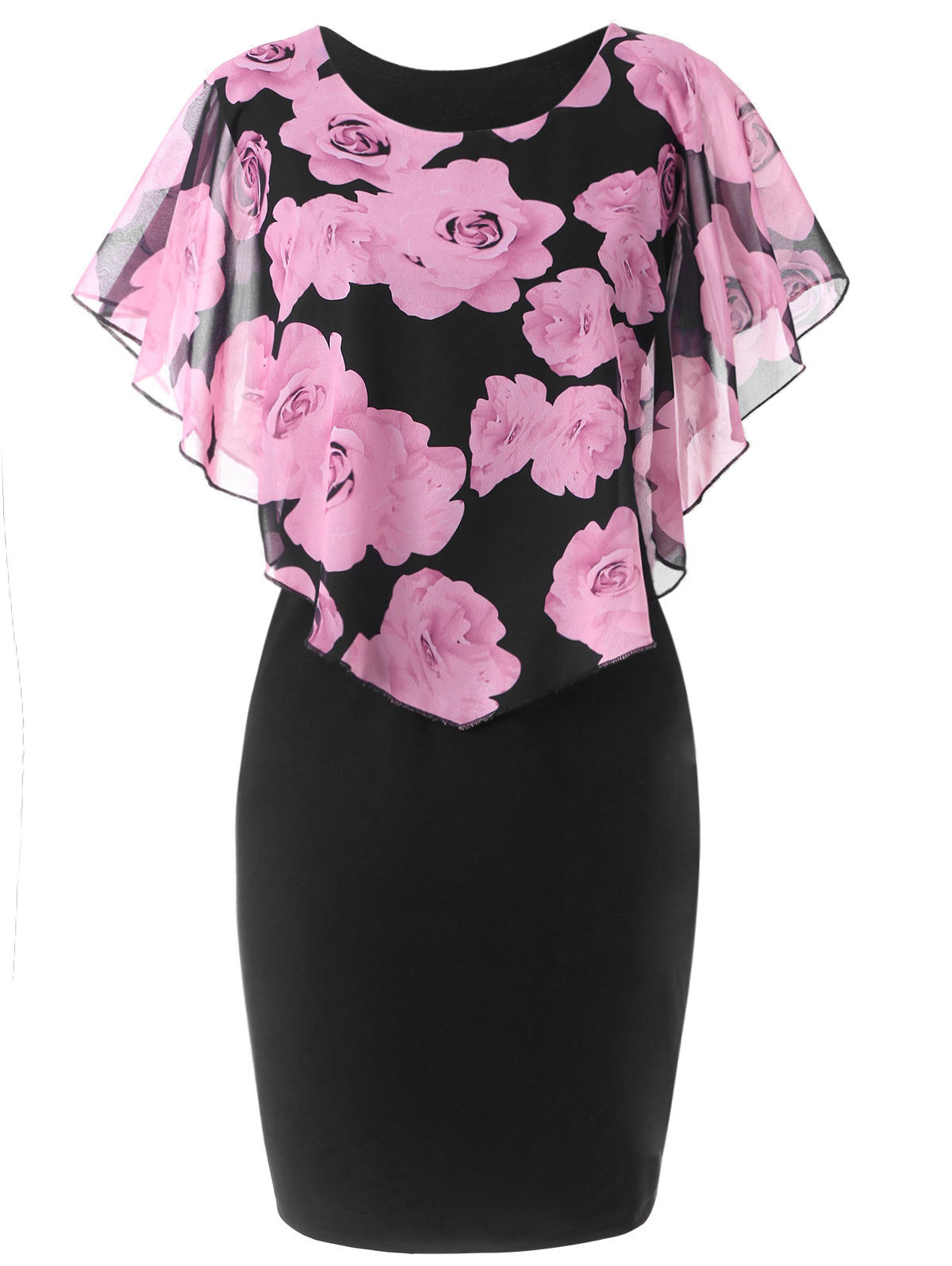 Women Bodycon Pencil Dress Summer Plus Size Cloak Sleeve Rose Printed Mini Club Party Dress pink