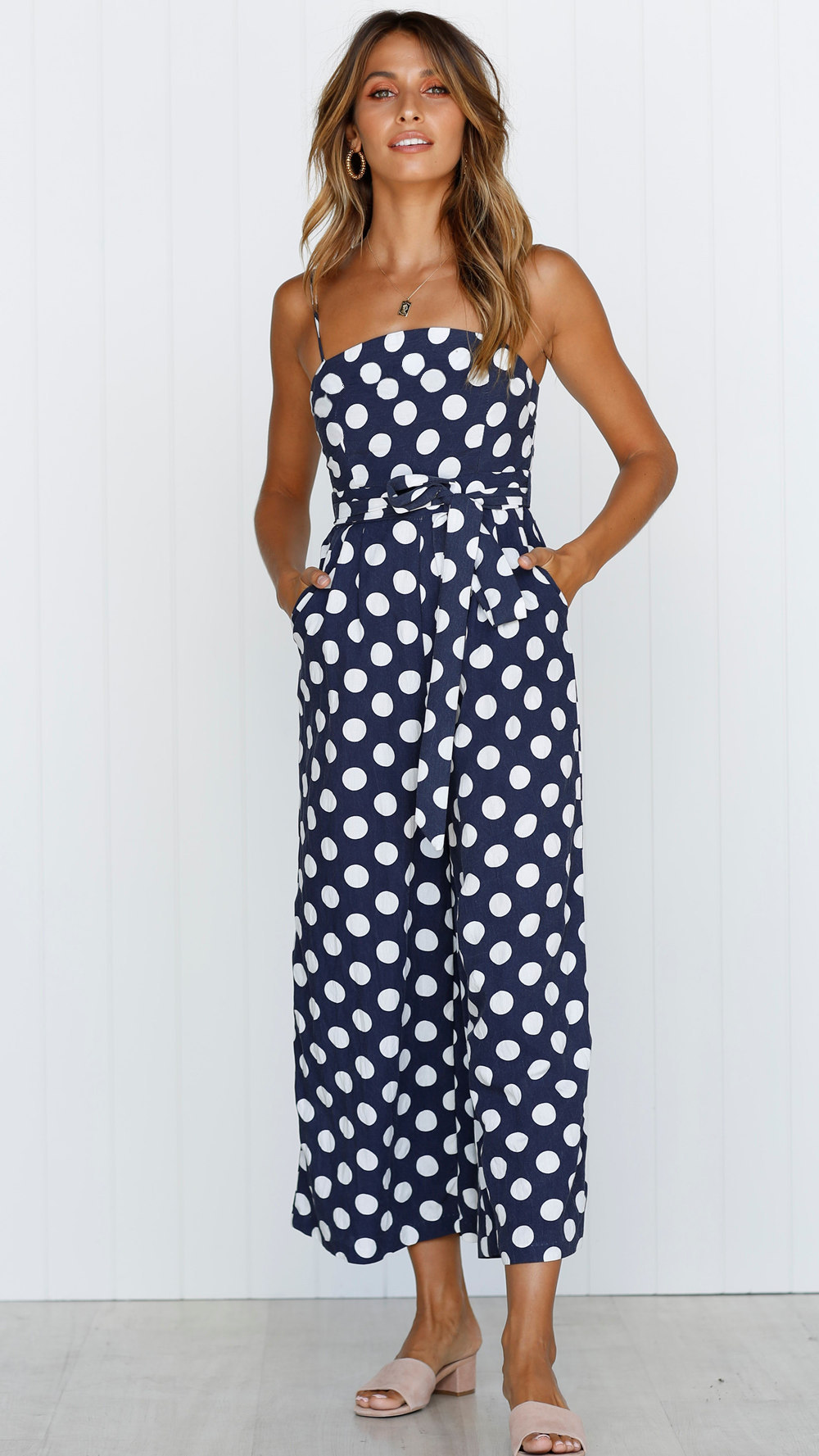 Women Polka Dot Jumpsuit Spaghetti Strap Summer Casual Beach Long Playsuit Wide Leg Romper Overalls navy blue
