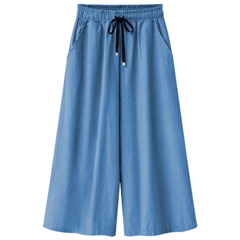 Women Denim Wide Leg Pants Summer Plus Size Drawstring Elastic Waist Casual Loose Jeans Trousers light blue