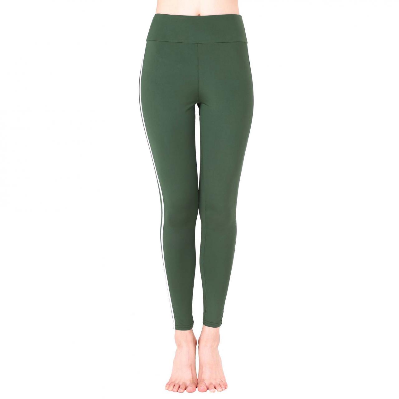  Women Yoga Striped Patchwork Leggings Slim High Waist Sports Fitness Gym Running Pants army green