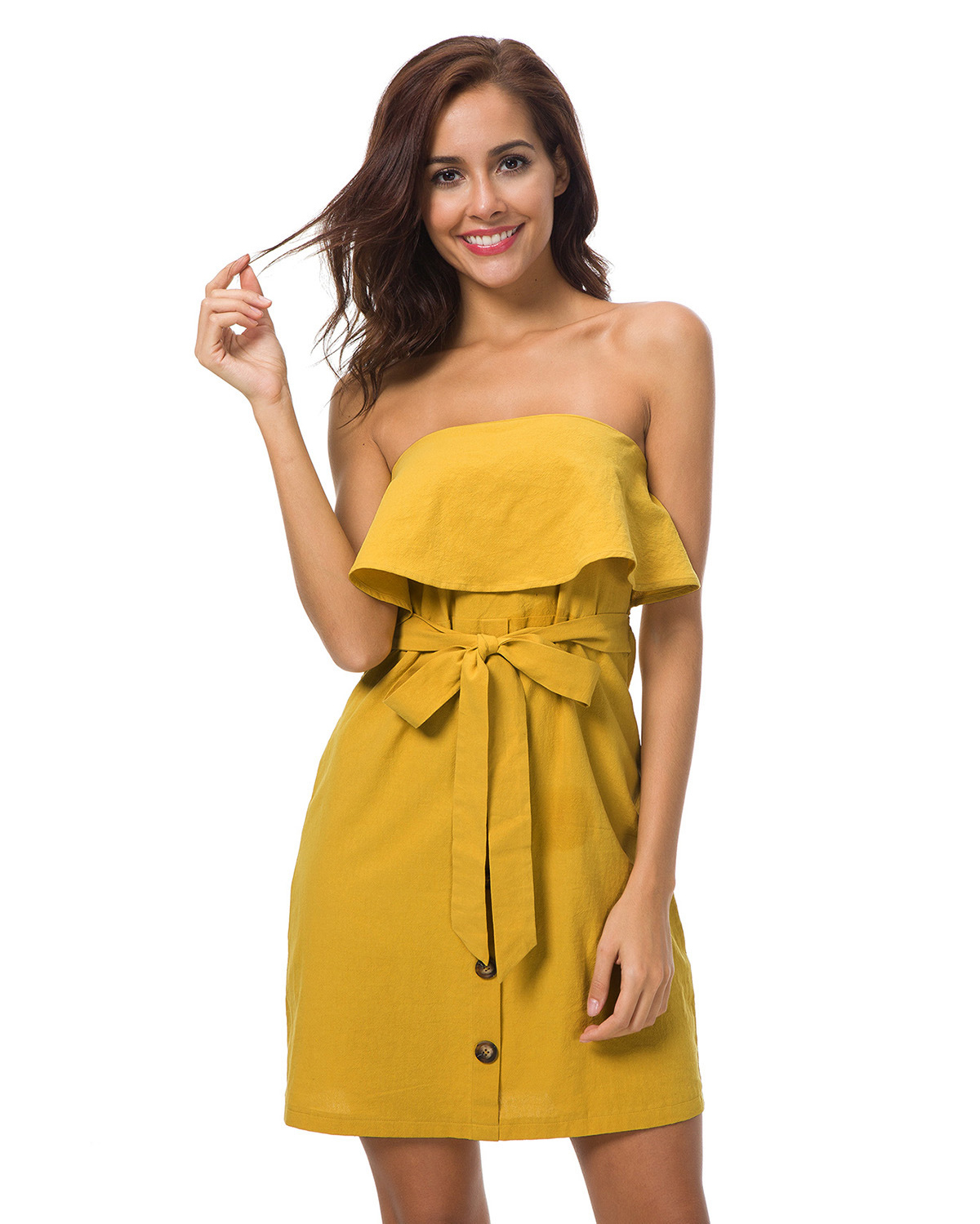 yellow strapless sundress